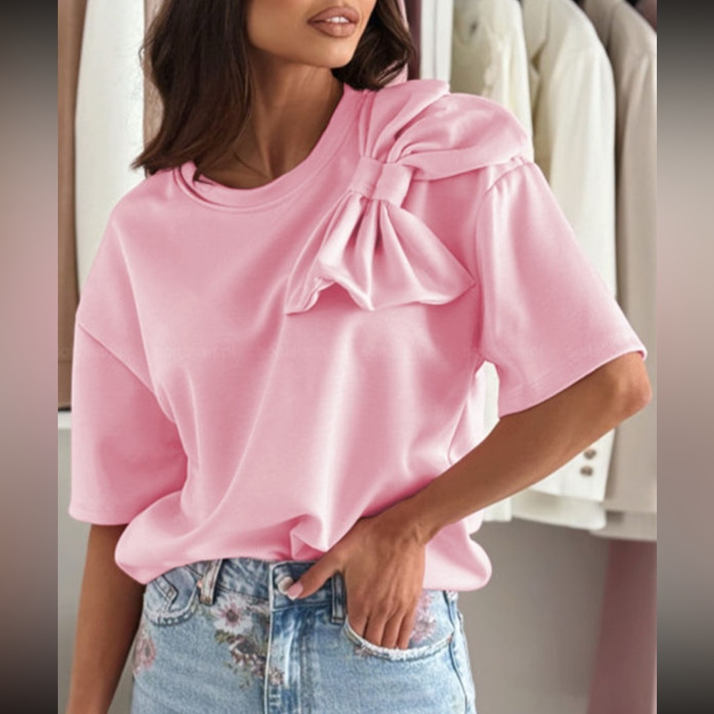 1130. Big bow Applique short sleeve T-shirt in pink